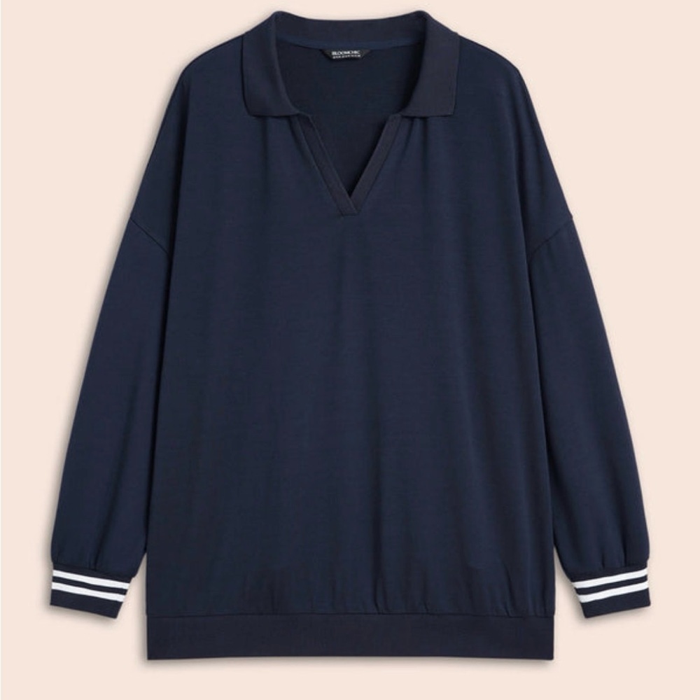 Women’s Navy Long Sleeve Polo with white detail plus size 28 W